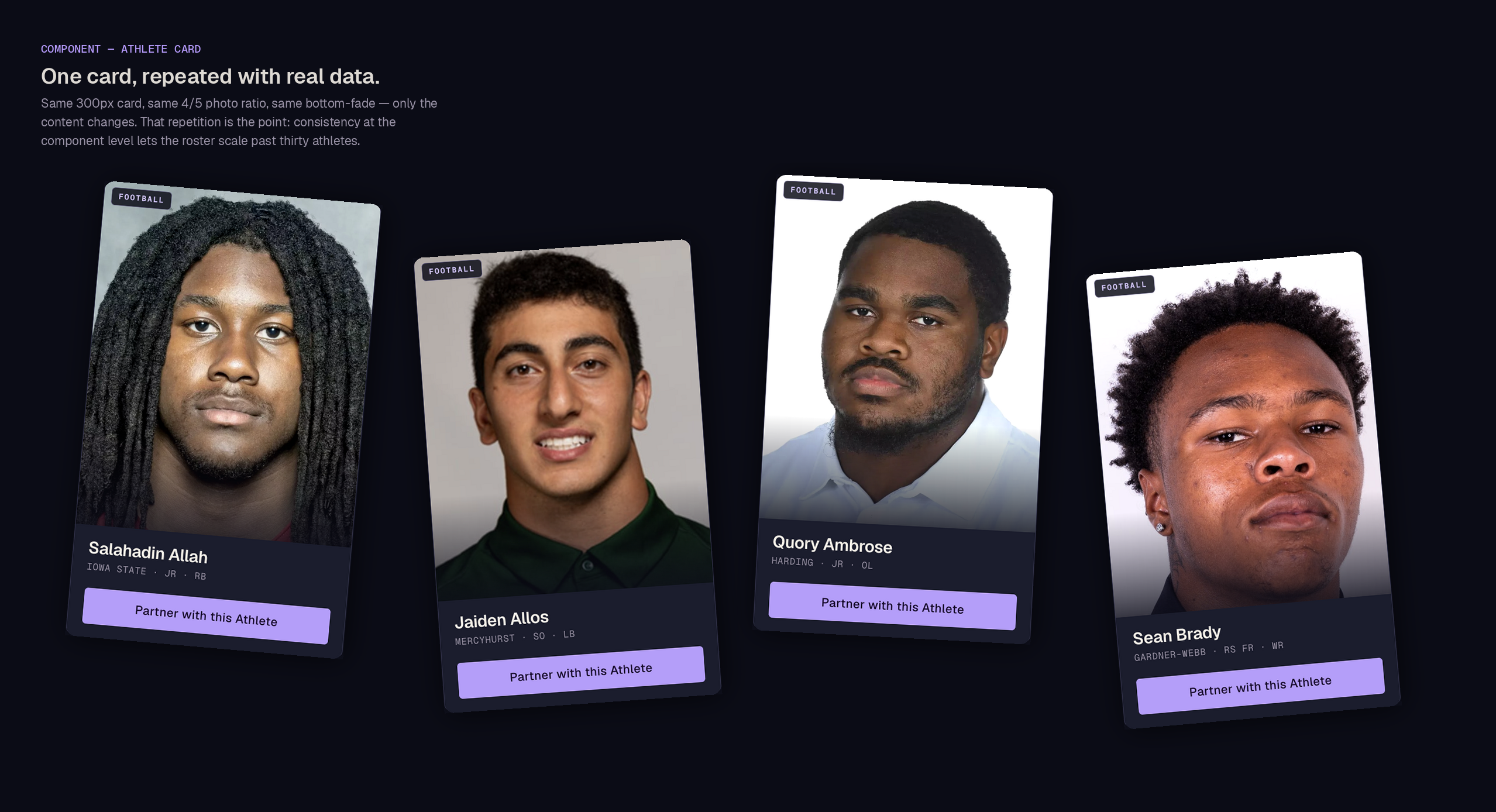 Second Wind Pro design system, showing the Athlete Card component with type, color, and layout tokens
